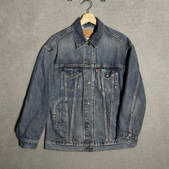 Levi's Other - Levis Premium Jacket Men’s Medium Blue Denim Trucker Distressed Coat Big E